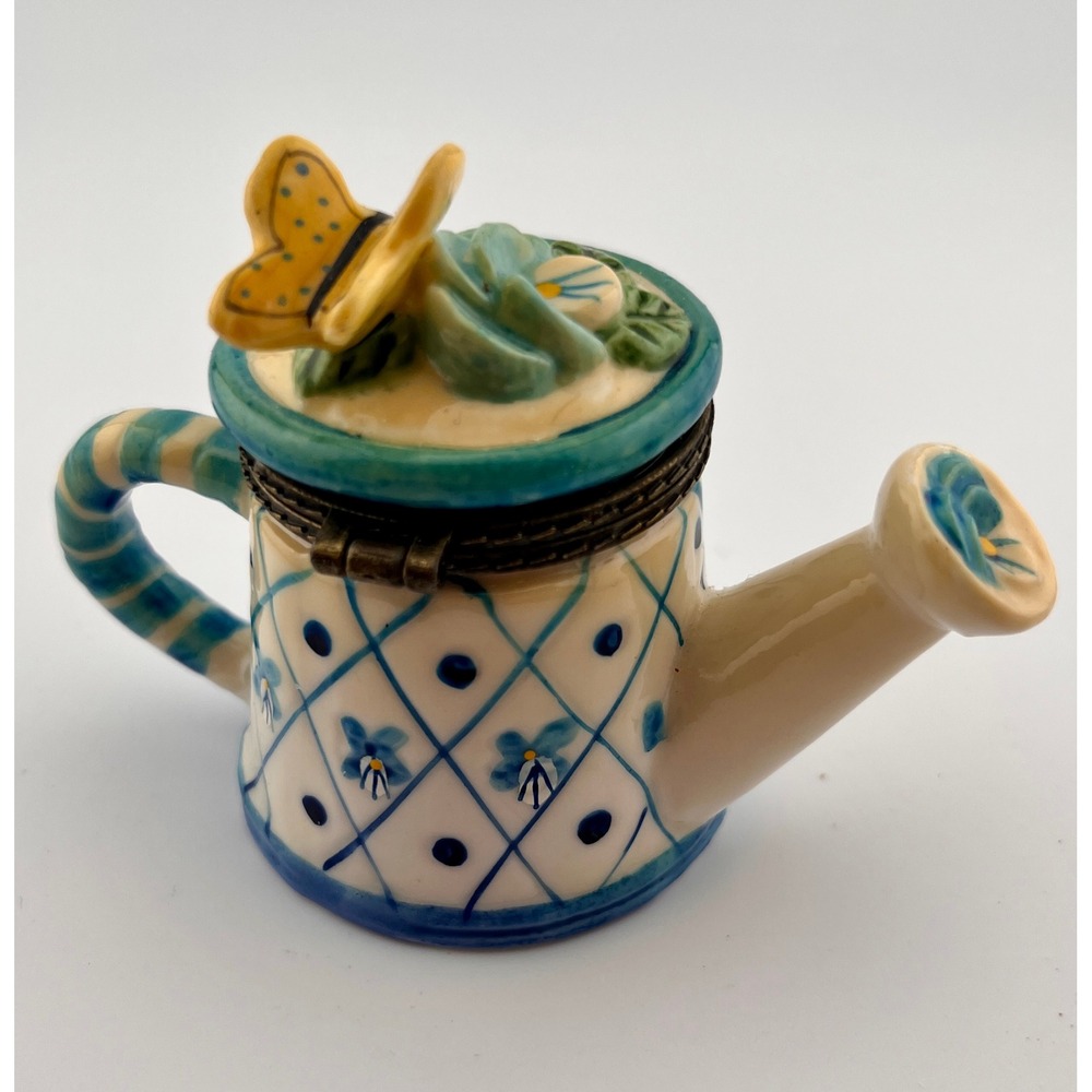 Floral Watering Can Trinket Box Hinged Yellow Butterfly Blue Flowers Ceramic